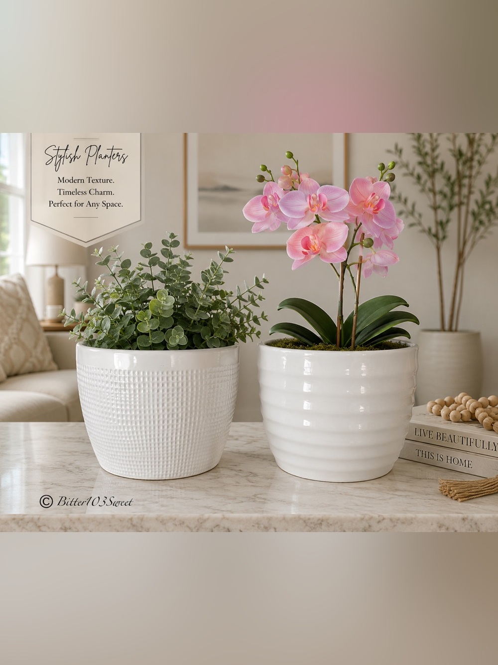 Modern White Ceramic Planter Set | Textured Decorative Flower Pots